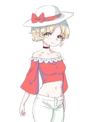 1girl adapted_costume alternate_hairstyle bare_shoulders black_choker blonde_hair bow breasts choker commentary_request crop_top elly_(touhou) frilled_shirt frills groin hat hat_bow hat_ribbon long_sleeves medium_breasts midriff navel off_shoulder pants red_bow red_ribbon red_shirt ribbon s-a-murai shirt short_hair smile solo touhou touhou_(pc-98) white_background white_hat white_pants yellow_eyes