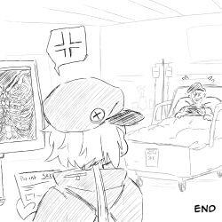 1boy 1girl anger_vein bad_link bed beret broken_ribs commander_(girls&#039;_frontline) english_text faceless faceless_male flying_sweatdrops girls&#039;_frontline griffin_&amp;_kryuger_military_uniform hat highres hospital_bed iv_stand reddit rwbyspartan_(reddit_user) smart_oval speech_bubble x-ray