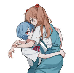 Rule 34 | 2girls, ayanami rei, blue eyes, blue hair, blue skirt, closed mouth, dango (uni 520), hair between eyes, hand on another&#039;s back, hand on another&#039;s waist, highres, hug, long hair, looking at viewer, multiple girls, neck ribbon, neon genesis evangelion, orange hair, red eyes, red ribbon, ribbon, school uniform, shirt, short hair, short sleeves, simple background, skirt, souryuu asuka langley, suspender skirt, suspenders, tokyo-3 middle school uniform, two side up, upper body, white background, white shirt, yuri