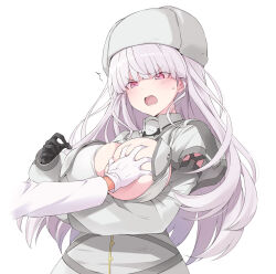 1girl admiral_(kancolle) angry black_gloves breasts dress fur_hat gloves grabbing_another&#039;s_breast groping hat highres kantai_collection kirov_(kancolle) large_breasts long_hair one_breast_out out_of_frame pink_eyes pink_hair sakana_(flame_sakana) upper_body white_background white_dress white_hat