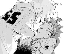 Rule 34 | 2boys, ahoge, bare arms, breast pocket, chinese commentary, collared shirt, commentary request, covering another&#039;s mouth, cowboy shot, danganronpa (series), danganronpa 2: goodbye despair, fingernails, greyscale, happy, heichiyo, hinata hajime, hood, hood down, hooded jacket, jacket, knees up, komaeda nagito, long sleeves, looking at another, lying, lying on person, messy hair, monochrome, multiple boys, necktie, nervous sweating, on back, on stomach, open mouth, pants, pocket, pointy nose, scared, shadow, shirt, short hair, short sleeves, simple background, smile, spiked hair, sweat, teeth, upper teeth only, white background, yandere, yaoi