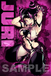 1girl abstract_background arms_behind_head artist_name baggy_pants black_hair black_pants breast_cutout chaps character_name chinese_clothes collar commentary cone_hair_bun diagonal_bangs dudou fang fingerless_gloves fishine full_body gloves green_eyes hair_bun hair_horns han_juri heterochromia highres multicolored_hair navel open_mouth pants polka_dot polka_dot_background purple_background purple_eyes purple_hair revealing_clothes sample_watermark side_slit solo spider_tattoo spiked_anklet spiked_collar spiked_wristband spikes splatter squatting stomach streaked_hair street_fighter street_fighter_6 tattoo teeth toeless_legwear tongue tongue_out two-tone_hair upper_teeth_only watermark zipper