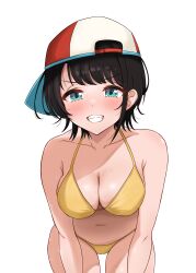 Rule 34 | 1girl, absurdres, backwards hat, baseball cap, bent over, bikini, black hair, blue eyes, breasts, cleavage, commentary, grin, hat, highres, hololive, kisame (kisame 72), leaning forward, medium breasts, oozora subaru, short hair, simple background, smile, solo, swimsuit, symbol-only commentary, virtual youtuber, white background, yellow bikini