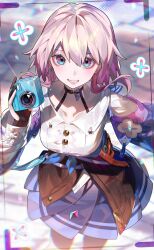 1girl acorn archery_shooting_glove badge black_choker black_corset black_gloves blue_eyes blue_jacket blue_skirt breasts button_badge buttons camera choker chromatic_aberration collarbone commentary corset cowboy_shot dress_shirt earrings flower_ornament from_above gloves grin hair_between_eyes halftone hand_up highres hiro_(yoshi_chan) holding holding_camera honkai:_star_rail honkai_(series) jacket jewelry long_sleeves march_7th_(honkai:_star_rail) march_7th_(preservation)_(honkai:_star_rail) medium_breasts medium_hair miniskirt multicolored_eyes partially_fingerless_gloves pink_eyes pink_hair pleated_skirt shirt single_earring single_glove skirt smile solo tied_jacket two-tone_eyes white_shirt