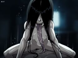 1boy 1girl abs black_hair colored_skin covered_eyes cowgirl_position ghost grey_skin happy_sex loli long_hair long_tongue muscular muscular_arms muscular_child muscular_female navel nipples ponpu_(pumpkinsinclair) saliva straddling the_ring tongue tongue_out yamamura_sadako