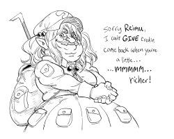 1boy backpack bad_id bag bb_(baalbuddy) commentary cosplay english_commentary english_text facial_hair fusion greyscale highres inactive_account kawashiro_nitori kawashiro_nitori_(cosplay) link:_the_faces_of_evil monochrome morshu mustache nintendo short_hair sketch solo the_legend_of_zelda the_legend_of_zelda_(cd-i) touhou two_side_up