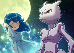 1girl akika_821 ambertwo_(pokemon) blue_dress blue_hair blush closed_eyes closed_mouth commentary_request dress eyelashes floating_hair gen_1_pokemon hand_up highres legendary_pokemon long_hair mewtwo moon nintendo outdoors pokemon pokemon:_the_first_movie_-_mewtwo_strikes_back pokemon_(anime) pokemon_(classic_anime) pokemon_(creature) red_ribbon ribbon sky smile sparkle star_(sky) tearing_up