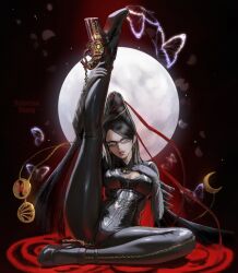 1girl artist_name bayonetta bayonetta_(series) black_hair bug butterfly commentary earrings english_commentary full_moon glasses highres insect jewelry mole mole_under_mouth moon solo tall_hair xeueysolonina