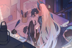 2boys absurdres ahoge arknights bieshi black_coat black_gloves black_vest blue_coat blue_hair blush book bookshelf brown_pants bulletin_board coat coat_on_shoulders colored_inner_hair commentary cowboy_shot embarrassed english_commentary feather_hair frown gloves gradient_hair hands_on_another&#039;s_cheeks hands_on_another&#039;s_face highres imminent_kiss indoors inkwell long_hair lumen_(arknights) male_focus multicolored_hair multiple_boys orange_hair pants paper passenger_(arknights) pointy_ears quill shirt short_hair vest white_gloves white_shirt wrench yaoi yellow_eyes