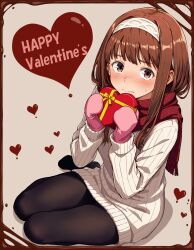 1girl absurdres black_pantyhose blush bow box brown_eyes brown_hair chocolate closed_mouth dress enpera full_body gift hairband happy_valentine heart-shaped_box highres holding holding_gift kuny long_hair long_sleeves looking_at_viewer mittens original pantyhose pink_mittens red_scarf ribbed_dress ribbed_sweater scarf sitting solo sweatdrop sweater sweater_dress valentine white_dress white_sweater yellow_bow yokozuwari