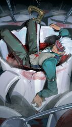 1boy absurdres ace_attorney blood blood_on_face coffee_mug cup dark-skinned_male dark_skin eye_mask godot_(ace_attorney) highres impaled male_focus mug omurice_(304975636) phoenix_wright:_ace_attorney_-_trials_and_tribulations pinstripe_pattern pinstripe_vest solo spiked_hair stab striped_clothes striped_vest sword vertical-striped_clothes vertical-striped_vest vest weapon white_hair