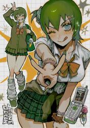 3girls bag bag_charm bead_bracelet beads blue_eyes blush bow bowtie bracelet breasts bug butterfly cardigan cellphone cellphone_charm charm_(object) closed_eyes clothes_around_waist ermes_costello fingernails flip_phone foo_fighters_(jojo) green_cardigan green_hair green_nails green_shoes green_skirt grid_background grin gyaru hair_ornament hair_scrunchie hairclip highres insect jewelry jojo_no_kimyou_na_bouken kogal kuujou_jolyne leg_warmers looking_at_viewer loose_socks miniskirt multiple_girls multiple_views nail_polish neg_50asu one_eye_closed one_side_up orange_bow orange_bowtie phone plaid_clothes plaid_skirt pleated_skirt school_bag school_uniform scrunchie shirt shoes short_hair short_sleeves shoulder_bag skirt smile socks sparkle stone_ocean teeth tongue tongue_out v white_shirt wrist_scrunchie