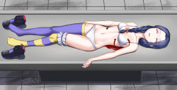 1girl absurdres akiba_maid_sensou blood blue_hair bra braid breasts cameltoe closed_eyes corpse death goru gunshot_wound highres kneehighs maid morgue nerula_(akiba_maid_sensou) open_mouth panties purple_thighhighs small_breasts socks solo striped_clothes striped_socks thighhighs underwear white_bra white_panties