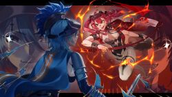 2girls absurdres armlet armor blue_hair bodysuit boots breastplate breasts collar commentary_request earrings faceoff gladiator hairband headgear highres holding holding_polearm holding_weapon jewelry leppib letterboxed looking_at_another lupa_(wuthering_waves) medium_breasts metal_collar metal_hairband multiple_girls mya_(wuthering_waves) open_mouth polearm red_hair red_sash sash short_hair smile tacet_mark_(wuthering_waves) tail thigh_boots twintails weapon white_bodysuit white_boots wolf_tail wrist_guards wuthering_waves yellow_eyes