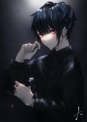 Rule 34 | 1boy, akira (a ki ra 8 9), black hair, black shirt, blood, blood on face, blood on hands, bloody knife, boxcutter, closed mouth, cuts, ear piercing, earrings, exhausted, face piercing, highres, holding, holding boxcutter, injury, jewelry, knife, looking at viewer, male focus, messy hair, mouth piercing, original, piercing, pink eyes, shirt, short hair, solo