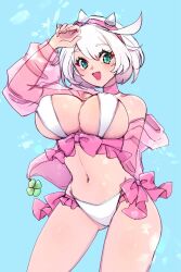 1girl ahoge aqua_eyes bare_shoulders bikini blue_background blush breasts chemaru_(a8l) choker cleavage clover covered_erect_nipples elphelt_valentine four-leaf_clover gluteal_fold grey_hair groin guilty_gear guilty_gear_strive hairband highres huge_ahoge large_breasts looking_at_viewer navel open_mouth pink_choker pink_ribbon ribbon see-through_clothes see-through_sleeves short_hair simple_background solo spiked_hairband spikes swimsuit thick_thighs thighs white_bikini