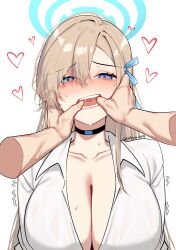 1girl 1other absurdres anandaname artist_name asuna_(blue_archive) asuna_(school_uniform)_(blue_archive) black_choker blonde_hair blue_archive blue_eyes blue_halo blue_ribbon blush breasts choker cleavage collarbone commentary finger_in_another&#039;s_mouth hair_between_eyes halo hands_on_another&#039;s_face highres large_breasts long_hair looking_at_viewer loving_aura mouth_pull open_mouth pov pov_hands ribbon saliva shirt simple_background sweat teeth tongue twitching upper_body white_background white_shirt