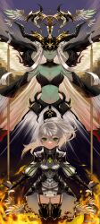 Rule 34 | 1girl, armor, boots, colored skin, dark persona, eleoelec, garter belt, green eyes, green skin, highres, mabinogi, pihne, ponytail, shoulder armor, white hair