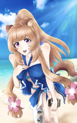 1girl :d animal_ear_fluff animal_ears beach belt bikini blue_bikini blue_eyes blue_sarong breasts brown_hair chest_tattoo cleavage cloud cloudy_sky collarbone commentary_request cowboy_shot day eyelashes flower gpsmikasa_game groin hair_flower hair_ornament hand_on_own_chest high_ponytail highres leaning_forward light_rays long_hair looking_at_viewer ocean open_mouth pink_eyes ponytail raccoon_ears raccoon_girl raccoon_tail raphtalia sarong sky slave_brand smile solo sunbeam sunlight swimsuit tail tate_no_yuusha_no_nariagari tattoo teeth thigh_belt thigh_strap two-tone_sarong upper_teeth_only white_sarong