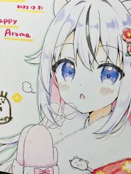 1girl :o animal_ears aoi_yun black_streaks blue_eyes bow character_request cold comiket_101 copyright_request cropped fang fur-trimmed_mittens fur_trim highres long_hair marker_(medium) mittens multicolored_hair pale_skin photo_(medium) pink_bow pink_mittens puff_of_air skin_fang solo traditional_media two-tone_hair white_hair
