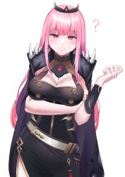 1girl ? absurdres am_creee black_cape black_dress black_tiara breasts cape cleavage detached_sleeves dress highres hololive hololive_english large_breasts long_hair looking_at_viewer mori_calliope mori_calliope_(1st_costume) pink_eyes pink_hair red_eyes shoulder_spikes single_detached_sleeve solo spiked_cape spikes tiara virtual_youtuber