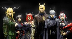2boys 4girls animal_ears antenna_hair arknights black_cloak black_dress black_hair black_jacket blonde_hair chinese_commentary cloak commentary_request crossed_arms degenbrecher_(arknights) demon_girl demon_horns dress facing_viewer goat_ears goat_girl goat_horns green_jacket grey_hair hair_between_eyes head_wings highres horns horse_boy horse_ears ines_(arknights) jacket logos_(arknights) medium_hair military_uniform mlynar_(arknights) multiple_boys multiple_girls parted_bangs red_hair red_jacket serious shenyuan_ren short_hair surtr_(arknights) upper_body w_(arknights) white_hair wings wis&#039;adel_(arknights)