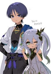 1boy 1girl anemo_symbol_(genshin_impact) aqua_sleeves armor armpit_crease bare_shoulders black_bodysuit black_bow black_shorts blue_cape blunt_ends bodysuit bow bridal_gauntlets cape clothes_grab collar cross-shaped_pupils detached_sleeves doodles double-parted_bangs dress frilled_collar frills furrowed_brow genshin_impact gold gold_trim green_cape green_eyes green_hair green_sleeves hair_between_eyes hair_ornament half_crown_braid hand_on_own_hip highres hip_vent hsk10107 japanese_armor japanese_clothes kimono korean_text kote kurokote layered_clothes layered_kimono layered_sleeves leaf leaf_hair_ornament looking_at_viewer mandarin_collar multicolored_hair nahida_(genshin_impact) one_eye_closed open_clothes open_kimono open_mouth pectorals purple_eyes purple_hair purple_rope purple_sash rope sash scaramouche_(genshin_impact) shirt_grab short_sleeves shorts shoulder_peek side_ponytail sidelocks streaked_hair sweatdrop symbol-shaped_pupils teeth upper_body upper_teeth_only wanderer_(genshin_impact) white_background white_dress white_hair white_kimono white_sleeves white_trim