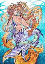 2boys blonde_hair closed_eyes dark-skinned_male dark_skin fins head_fins jojo_no_kimyou_na_bouken long_hair male_focus medium_hair merman monster_boy monsterification multiple_boys orange_hair painting_(medium) shoulder_tattoo si3art squalo tattoo tiziano topless_male traditional_media underwater vento_aureo watercolor_(medium) wavy_hair yaoi yellow_eyes