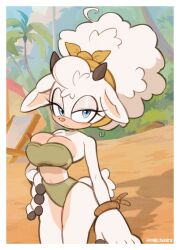 1girl animal_ears beach bikini blue_eyes blue_sky blush breasts bushes chair cleavage curvy deck_chair eyelashes floppy_ears fluffy folding_chair furry furry_female green_bikini hair_between_eyes hair_bun hair_tied hair_tied_up hand_on_own_hip highres horns island jungle lanolin_the_sheep large_breasts long_hair looking_at_viewer midriff milk_chao_tea narrowed_eyes nature navel outdoors palm_tree parasol sand sega shadow sheep_ears sheep_girl sheep_horns sheep_tail sky sonic_(series) swimsuit tail tree tropical two-tone_fur umbrella white_fur wool