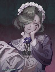 1girl :d absurdres artist_name black_hair black_ribbon blanket copyright_notice dark_background dress flower furrowed_brow gradient_background hair_over_one_eye hand_on_own_cheek hand_on_own_face hand_up highres holding holding_blanket long_sleeves looking_at_viewer maid maid_headdress neck_flower neck_ribbon one_eye_covered open_mouth purple_dress purple_eyes purple_flower reverse:1999 ribbon short_hair smile solo swaddled tuesday_(reverse:1999) upper_body wure_pater