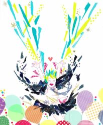 1girl ^_^ abstract aqua_hair arms_up balloon black_skirt black_sleeves blonde_streaks blue_necktie check_commentary closed_eyes commentary_request detached_sleeves feet_out_of_frame floating_hair hair_ribbon hatsune_miku headset heart long_hair masking_tape_(medium) midriff_peek mixed_media multicolored_hair necktie open_mouth pink_ribbon poncho_(ponpontyo_8) ribbon shirt skirt sleeveless sleeveless_shirt solo star_(symbol) streaked_hair striped_necktie teeth traditional_media unconventional_media upper_teeth_only very_long_hair vocaloid white_background white_shirt wide_sleeves