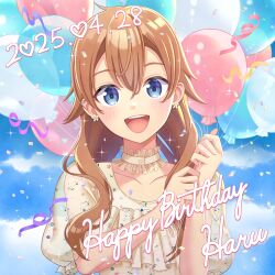 1girl 2025 absurdres artist_request balloon blue_eyes blue_sky brown_hair choker confetti dress earrings floral_print happy_birthday highres holding holding_balloon jewelry long_hair nabatame_haru official_art open_mouth print_dress shine_post sky smile solo sparkle teeth upper_body upper_teeth_only yellow_choker yellow_dress