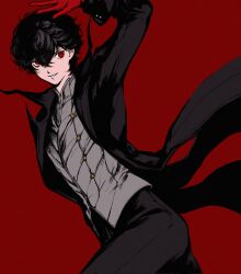 1boy amamiya_ren arm_up black_coat black_hair black_pants coat collared_coat cowboy_shot gloves grey_shirt hair_between_eyes highres joker_(persona_5) looking_to_the_side male_focus mystical_high_collar pants parted_lips persona persona_5 red_background red_eyes red_gloves saichuu_(more1208) shirt sideways_glance simple_background smile solo