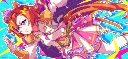 1girl absurdres animal_ears blue_background commentary crown drop_shadow fingerless_gloves gloves grin highres horse_ears horse_girl horse_tail long_sleeves orange_hair outline purple_eyes purple_skirt running scalizo shirt short_hair skirt smile solo t.m._opera_o_(umamusume) tail thighhighs twitter_username two-tone_skirt umamusume white_gloves white_outline white_shirt white_skirt white_thighhighs