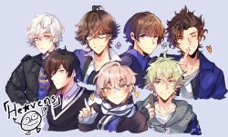 Rule 34 | 6+boys, absurdres, ahoge, amakusa shion, black jacket, black sweater vest, blue background, blue shirt, brown hair, commentary, cropped torso, crossed bangs, english commentary, finger to mouth, green hair, grin, heart, highres, hyuuga yamato, jacket, kiryuuin van, male focus, mikado nagi, multiple boys, one eye closed, ootori eiichi, ootori eiji, orange eyes, pink hair, purple eyes, scarf, shirt, shushing, smile, sumeragi kira, sweater vest, uta no prince-sama, white hair, x0vertime