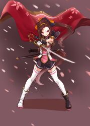 1girl alternate_eye_color animal_ears asymmetrical_footwear asymmetrical_gloves black_boots black_gloves black_shorts boots brown_hair epaulettes full_body gloves hair_ribbon highres holding holding_sword holding_weapon horse_ears horse_girl horse_tail katana komoro_paint777 long_hair looking_to_the_side mismatched_footwear mismatched_gloves ponytail red_eyes ribbon rurouni_kenshin sakura_bakushin_o_(umamusume) sheath shorts sleeveless solo sword tail thighhighs umamusume unsheathed weapon white_boots white_gloves white_thighhighs
