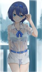 1girl arm_behind_back belt blue_belt blue_eyes blue_hair blue_hairband bra cevio collarbone hairband highres looking_at_viewer rain see-through_clothes see-through_shirt sena_kizahashi shirt short_hair shorts smile solo suzuki_tsudumi underwear water_drop wet wet_clothes wet_shirt white_bra white_shorts