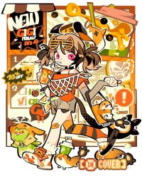 Rule 34 | !, ahoge, asymmetrical footwear, bag, baseball cap, black bra, black thighhighs, blonde hair, bra, brown hair, brown shorts, chibi, commentary, copyright notice, cup, disposable cup, drinking, english commentary, eyewear on head, full body, gigi murin, grem (gigi murin), halterneck, handbag, hat, highres, holding, holding cup, hololive, hololive english, krion87298356, looking at viewer, mismatched footwear, multicolored hair, off-shoulder shirt, off shoulder, official art, orange hat, orange shirt, orange thighhighs, pink eyes, popo (gigi murin), shirt, shirt partially tucked in, shoes, short hair, short shorts, short twintails, shorts, slippers, sneakers, socks, spoken exclamation mark, stirrup legwear, striped clothes, striped thighhighs, t-shirt, thighhighs, toeless legwear, twintails, two-tone hair, underwear, virtual youtuber, white shoes, white socks