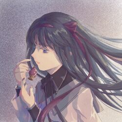 akemi_homura akemi_homura_(magical_girl) black_hair collar gensou_getsumen_rt hair_ribbon highres long_hair long_sleeves looking_to_the_side magical_girl mahou_shoujo_madoka_magica purple_eyes ribbon soul_gem white_background