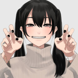 Rule 34 | 1girl, aegyo sal, black nails, blush, braces, brown eyes, hands up, highres, jewelry, long hair, looking at viewer, nail polish, original, ring, straight-on, tonari no kishida, turtleneck, twintails, upper body, watch, wristwatch