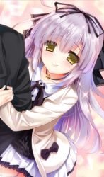 1girl blush female_focus game_cg hayakawa_harui highres hug light_purple_hair long_hair looking_up school_uniform shoujo_shin&#039;iki_shoujo_tengoku skirt smile solo takagi_sana yellow_eyes