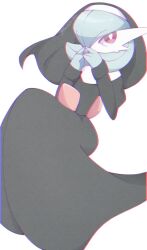 bob_cut clothed_pokemon colored_skin gardevoir gen_3_pokemon green_hair green_skin hair_over_one_eye highres multicolored_skin narumiya_pkmn nintendo nun pink_eyes pokemon pokemon_(creature) signature simple_background two-tone_skin white_background white_skin
