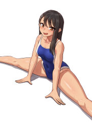 1girl :d asymmetrical_bangs black_hair blush breasts brown_eyes commentary_request competition_swimsuit covered_navel curvy dark-skinned_female dark_skin earclip fang hair_ornament hairclip highres ijiranaide_nagatoro-san junggawng_e korean_commentary legs long_hair looking_at_viewer medium_breasts nagatoro_hayase nervous_smile nervous_sweating official_alternate_costume one-piece_swimsuit open_mouth shiny_skin skin_fang smile solo spread_legs stretching sweat sweatdrop swimsuit thick_thighs thighs