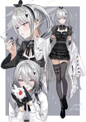 absurdres black_bow black_bowtie black_hairband black_skirt black_thighhighs blunt_bangs blush bow bowtie braid cleavage_cutout clothing_cutout coat coat_on_shoulders colobbit_(sophia_valentine) covered_collarbone elbow_gloves frilled_skirt frills gloves grey_eyes grey_hair hair_between_eyes hair_ornament hairband half-closed_eyes half_gloves highres jirai_kei juliet_sleeves long_hair_between_eyes long_sleeves looking_at_viewer mole mole_under_each_eye mole_under_eye mole_under_mouth multiple_moles nail_polish nervous_smile nijisanji no_coat official_alternate_costume phzimi000 puffy_sleeves rabbit serious short_hair short_sleeves sidelocks skirt smile smoking sophia_valentine sophia_valentine_(2nd_costume) thighhighs triangle_hair_ornament twintails two-sided_coat two-sided_fabric white_coat