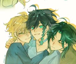3boys aether_(genshin_impact) ahoge aqua_hair black_shirt blonde_hair blue_eyes blue_hair braid clenched_teeth closed_eyes commentary english_commentary genshin_impact grabbing_another&#039;s_head half-closed_eyes hand_on_another&#039;s_head highres hug hug_from_behind kiss long_hair looking_at_viewer male_focus milkymelonmilk multicolored_hair multiple_boys one_eye_closed shirt simple_background smile teeth twin_braids two-tone_hair upper_body venti_(genshin_impact) white_background xiao_(genshin_impact) yaoi yellow_eyes