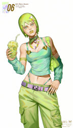 1girl absurdres commentary copyright_name earrings english_commentary foo_fighters_(jojo) food fruit green_hair hair_ornament hairclip heart heart_earrings highres jewelry jojo_no_kimyou_na_bouken lemon lemon_slice midriff navel short_hair simple_background solo stone_ocean veela white_background