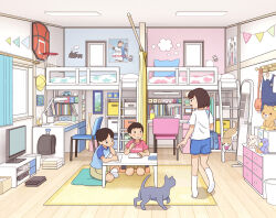 1girl 2boys bag blue_shorts blush brother_and_sister brown_hair brown_shorts carpet cat chabudai_(table) chair curtains desk fixed-point_camera indoors kiyo_(kyokyo1220) korilakkuma loaded_interior loft_bed mirror multiple_boys on_floor ootani_shouhei original poster_(object) red_shirt rilakkuma san-x shirt short_hair shorts shoulder_bag siblings sitting stuffed_animal stuffed_toy table teddy_bear television time_lapse white_shirt window
