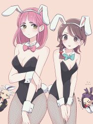 Rule 34 | 2boys, 2girls, animal ears, bare shoulders, black hair, black leotard, blush, bow, bowtie, braid, breasts, brown eyes, brown hair, cleavage, closed eyes, closed mouth, detached collar, drayton (pokemon), eyelashes, fake animal ears, gloves, hair ornament, highres, jacket, juliana (pokemon), kieran (pokemon), lacey (pokemon), leotard, long hair, long sleeves, multicolored hair, multiple boys, multiple girls, nintendo, open clothes, open mouth, pink hair, playboy bunny, pokemon, pokemon sv, purple hair, rabbit ears, rabbit tail, red gloves, shinogo no, shirt, short hair, smile, strapless, strapless leotard, tail, two-tone hair, white hair, white jacket, white shirt, wrist cuffs, yellow eyes