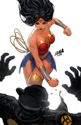 1boy 1girl armor bare_shoulders black_armor black_hair black_helmet blue_eyes bracer breasts clenched_hands david_nakayama dc_comics helmet highres long_hair medium_breasts simple_background strapless tiara white_background wonder_woman wonder_woman_(series)