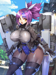 1girl :d black_boots black_gloves black_jacket black_thighhighs blue_hair blue_leotard blue_sky blunt_bangs bodysuit boots bracer breasts building bulgasari_(last_origin) chest_strap city cloud covered_erect_nipples day gloves grey_leotard hair_ribbon highres impossible_bodysuit impossible_clothes impossible_leotard jacket large_breasts last_origin leotard light_particles looking_at_viewer multicolored_hair multicolored_leotard open_mouth outdoors pantyhose pile_bunker pixiv_id pixiv_username plant ponytail purple_hair ribbon road signature sky skyscraper smile solo spiked_hair streaked_hair street thick_thighs thigh-boots thigh_strap thighhighs thighs tree twitter_username two-tone_hair two-tone_leotard umigarasu_(kitsune1963) underbust white_ribbon wide_hips yellow_eyes